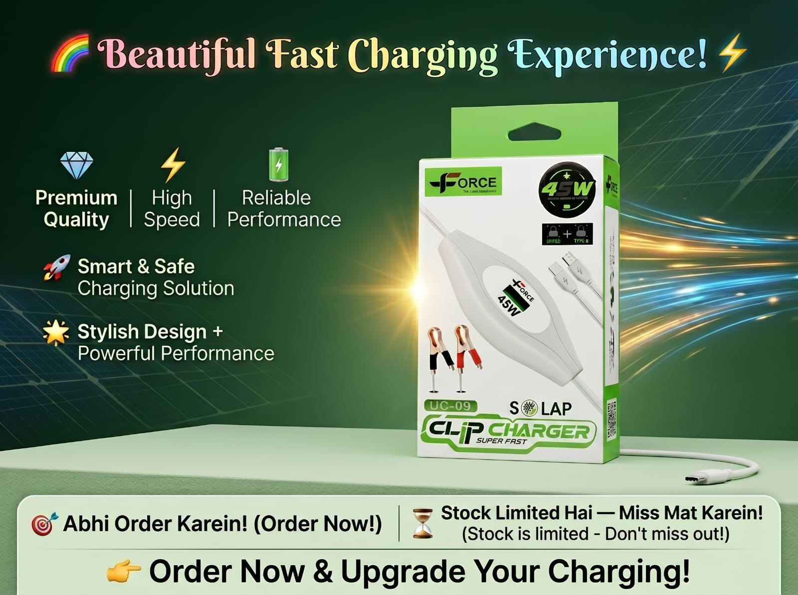 45W Super Fast Solar Clip Charger Cable – Heavy Duty Fast Charging Wire