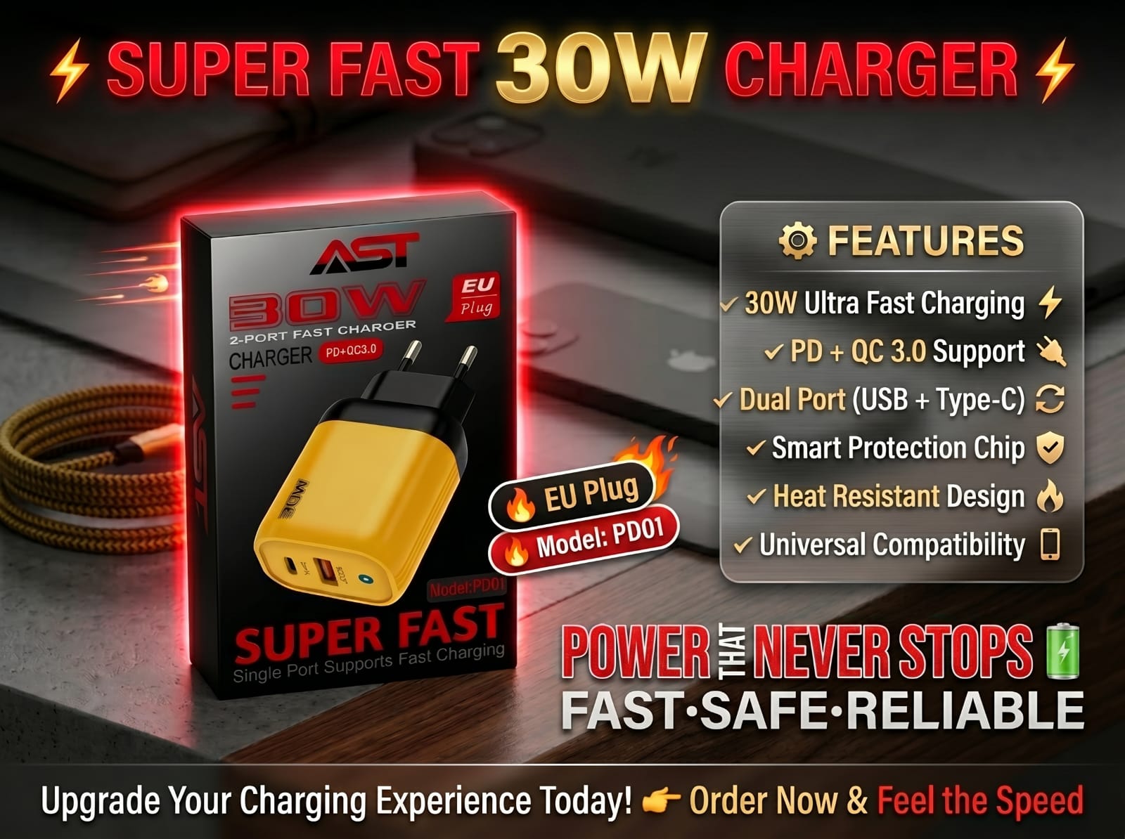30W Super Fast Charger – Dual Port PD & QC 3.0 Fast Charging Adapter with EU Plug for Android & Type-C Devices